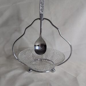 Clear Glass Candy Dish with Silver Spoon and Stand